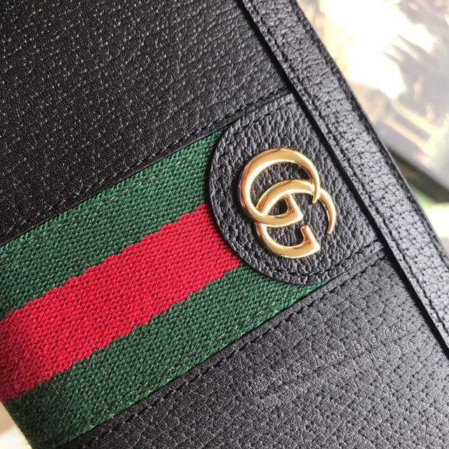 Gucci包 古馳錢包 523154黑全皮 Supreme高級人造帆布 條紋織帶 原單Ophidia系列拉鏈錢包  gudj1055